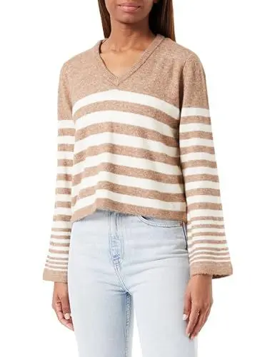Produktbild: VERO MODA Damen Vmhurricane Ls V-Neck Pullover Ga Bf Pullover, Brown Lentil/Stripes:w. Birch, L