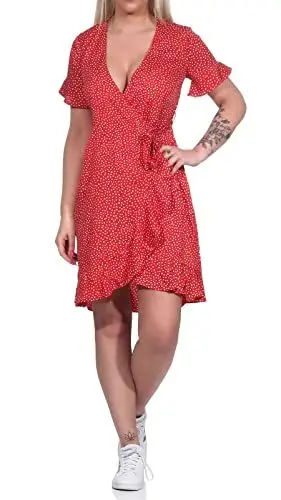 Produktbild: VERO Moda Damen Vmhenna 2/4 Wrap Frill Noos Short Dresses, Goji Berry/AOP:Tiny Dots, S EU