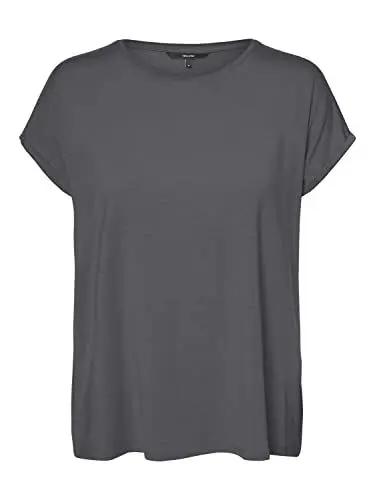 Produktbild: VERO MODA Damen Einfarbiges Stretch T-Shirt Basic Rundhals Top Oberteil Tief Angesetzte Schultern VMAVA, Farben:Grau, Größe:M
