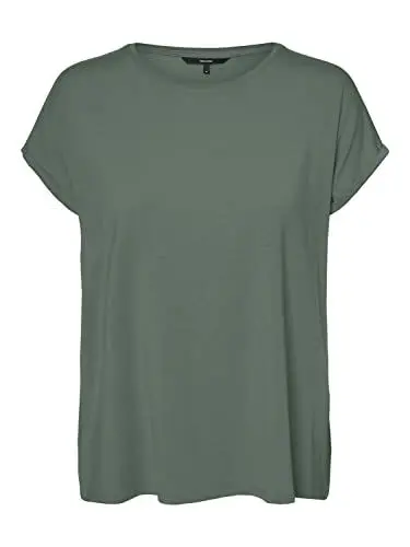 Produktbild: VERO MODA Damen Einfarbiges Stretch T-Shirt Basic Rundhals Top Oberteil Tief Angesetzte Schultern VMAVA