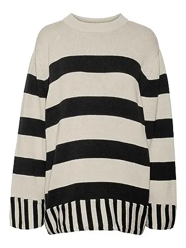 Produktbild: Vero Moda Women's VMELOUIS Stripe LS Oversize O-Neck Pull. Pullover, Birch/Stripes:W. Black, M