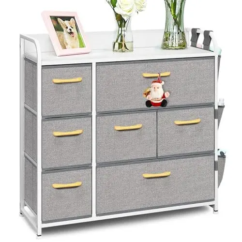 Produktbild: VERONLY Kommode mit 7 Schubladen aus Stoff,Aufbewahrungsschrank Sideboard mit Seitentaschen Mehrzweckschrank Schrank Flur für Schlafzimmer, Wohnzimmer, Kinderzimmer, Büro(Grau,84 * 32 * 17cm)