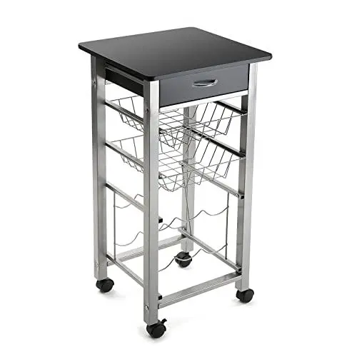 Produktbild: Versa Leicester Küchenwagen mit Rädern, Schubladen und Flaschenregal, Gemüsehändler, Küchenablage, Maßnahmen (H x L x B) 82 x 40 x 40 cm, Holz und Metall, Farbe: Schwarz