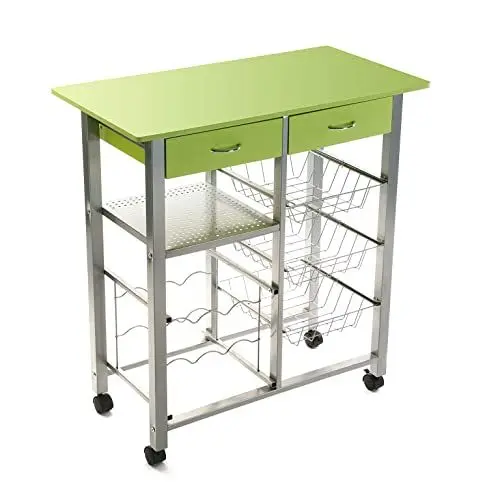 Produktbild: Versa Leicester Küchenwagen mit Rädern, Schubladen und Flaschenregal, Gemüsehändler, Küchenablage, Maßnahmen (H x L x B) 82 x 40 x 76 cm, Holz und Metall, Farbe: Grün