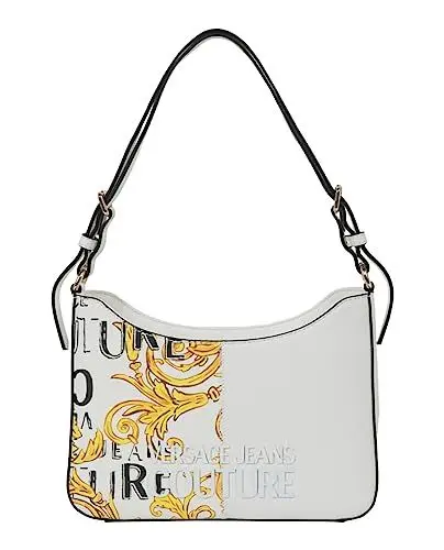 Produktbild: VERSACE JEANS COUTURE Damen Schultertasche Weiß mit Baroque-Aufdruck auf der Vorderseite. Logo vorne. Verstellbarer Schultergurt, Bor-Verschluss, Weiß