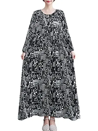 Produktbild: Versear Damen Blumen Casual Langarm Maxikleid Kaftan Herbst Lose Große Größen Baumwolle Boho Freizeitkleid Oversized Strand Plissiertes Urlaubskleid