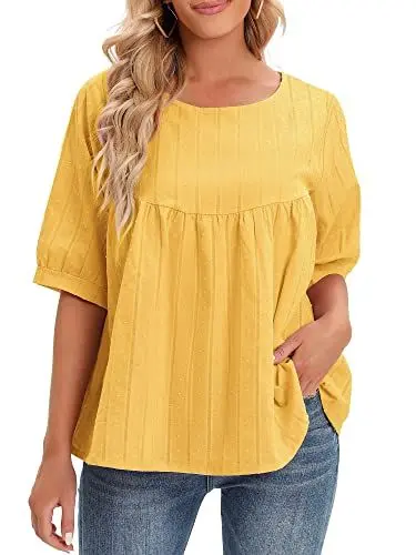 Produktbild: Versear Damen Einfarbig Baumwollbluse O-Ausschnitt halber Ärmel Blumen Bluse Punkte Casual Lockere Hemd Solide Hemdbluse Lose Tuniken Oberteile Tops Atmungsaktiv