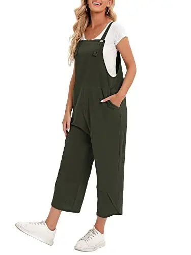 Produktbild: Versear Damen Einfarbig Knöpfen Verstellbare Träger Lose Latzhose mit Taschen Lockerer Baggy Leinen Overall Retro Oversize Loose Jumpsuit Casual Baumwolle Wide Leg Hosen Große Größe Romper