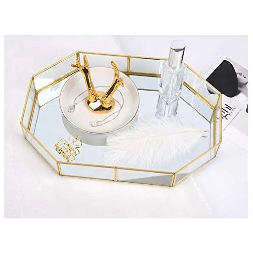 Produktbild: Goldfarbenes Glas-Tablett, Polygon-Metall, dekoratives Tablett, Schmuck, Parfüm, Organizer, Make-up-Tablett für Schminktisch, Kommode, Badezimmer, Schlafzimmer (klein)
