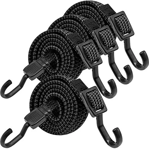 Produktbild: Verstellbar Spanngummi mit Haken, Expander mit Metallhaken 4er Set, 100cm Flach Gepäckspanner Schwarz Gummiseil, Extra Stark Gummispanner Gummibänder für Sonnensegel, Garten, Fahrrad, Auto, Tarps