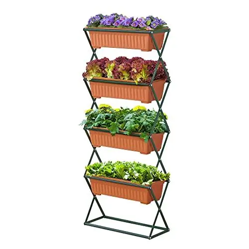 Produktbild: Vertikalbeet Veenendaal 51x21x125 cm vertikales Blumenbeet mit 4 Pflanzkästen Indoor Outdoor zusammenklappbar Blumenkästen Blumenständer faltbares Hochbeet Stahl Dunkelgrün/Braun