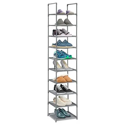 Produktbild: Wylnsie Vertikales Schuhregal mit 10 Ebenen, schlankes Schuhregal, freistehend, stabil, stapelbar, Schuhregal, Organizer, Schuhregal aus Vliesstoff, Metall, für Eingangsbereich, Schlafzimmer, Grau