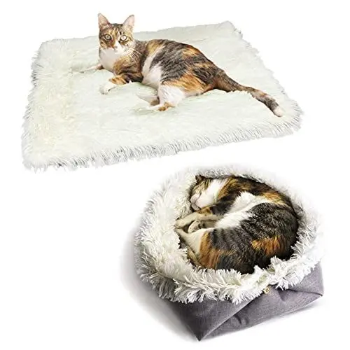 Produktbild: VERTUPET Katzenbett Flauschig 2 in 1 Plüsch Weich Katzenkissen Waschbar Schlafplatz Katzensofa, Haustierbett Hundebett Katzendecke für Katze und Kleine Hunde (Weiß)