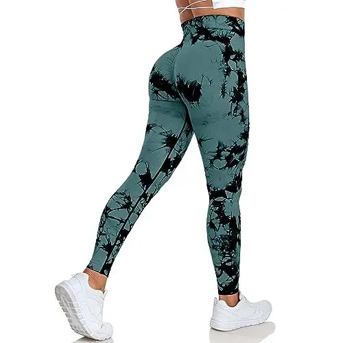 Produktbild: Vertvie Boom Booty Leggings Damen Sport Leggings High Waist Push Up Po Seamless Leggings Scrunch Sportleggings Hose Slim Fit Fitness Hosen Damen Gym(Tie Dye Grün,M)
