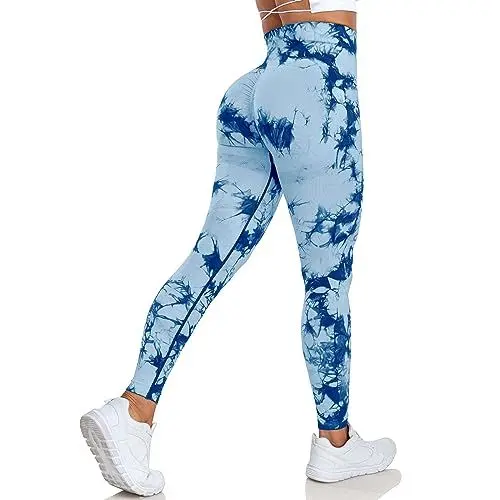 Produktbild: Vertvie Boom Booty Leggings Damen Sport Leggings High Waist Push Up Po Seamless Leggings Scrunch Sportleggings Hose Slim Fit Fitness Hosen Damen Gym(Tie Dye Hellblau,M)