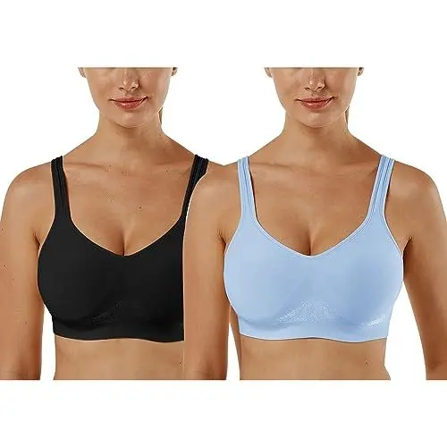 Produktbild: Vertvie Damen 1/2/3er Set Sport BH Einfarbig Ohne Bügel Bustier Klassische Bequem Stretch Bra Mittle Halt Gepolstert Wohlfühl-BH (Schwarz+Baby Blau, L)