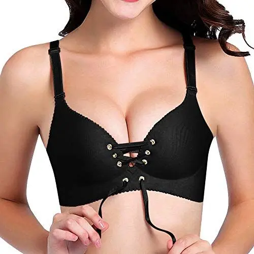 Produktbild: Vertvie Damen BH Set V Push Up Ohne Bügel Bra Nahtlos Bustier mit Schnürung vorne Top(70A, Schwarz)