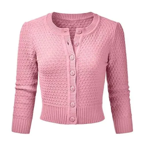 Produktbild: Vertvie Damen Bolero Kurze Strickjacke 3/4 Ärmel Cardigan Elegante Jacke Rundhalsausschnitt Stricken Strickweste mit Knopf(XL, Hellrosa)
