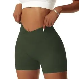 Produktbild: Vertvie Damen Gym Shorts V Cross Stretch Push Up Yoga Shorts Booty Scrunch Fitness Hosen Kurz High Waist Nahtlos Workout Sportshorts Butt Lift Kurze Leggings Sommer (Armeegrün, S)