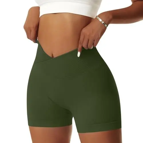 Produktbild: Vertvie Damen Gym Shorts V Cross Stretch Push Up Yoga Shorts Booty Scrunch Fitness Hosen Kurz High Waist Nahtlos Workout Sportshorts Butt Lift Kurze Leggings Sommer (Armeegrün, L)