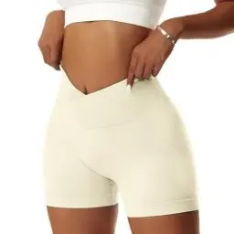 Produktbild: Vertvie Damen Gym Shorts V Cross Stretch Push Up Yoga Shorts Booty Scrunch Fitness Hosen Kurz High Waist Nahtlos Workout Sportshorts Butt Lift Kurze Leggings Sommer (Beige, M)