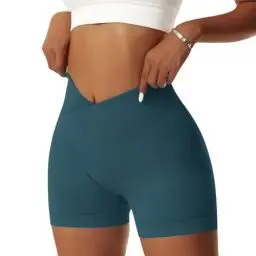 Produktbild: Vertvie Damen Gym Shorts V Cross Stretch Push Up Yoga Shorts Booty Scrunch Fitness Hosen Kurz High Waist Nahtlos Workout Sportshorts Butt Lift Kurze Leggings Sommer (Dunkel Cyan, S)