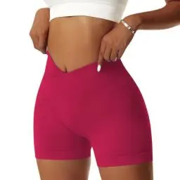 Produktbild: Vertvie Damen Gym Shorts V Cross Stretch Push Up Yoga Shorts Booty Scrunch Fitness Hosen Kurz High Waist Nahtlos Workout Sportshorts Butt Lift Kurze Leggings Sommer (Rot, M)