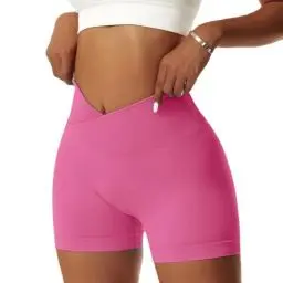 Produktbild: Vertvie Damen Gym Shorts V Cross Stretch Push Up Yoga Shorts Booty Scrunch Fitness Hosen Kurz High Waist Nahtlos Workout Sportshorts Butt Lift Kurze Leggings Sommer (Roserot, S)