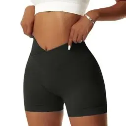 Produktbild: Vertvie Damen Gym Shorts V Cross Stretch Push Up Yoga Shorts Booty Scrunch Fitness Hosen Kurz High Waist Nahtlos Workout Sportshorts Butt Lift Kurze Leggings Sommer (Schwarz, XL)