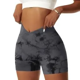 Produktbild: Vertvie Damen Gym Shorts V Cross Stretch Push Up Yoga Shorts Booty Scrunch Fitness Hosen Kurz High Waist Nahtlos Workout Sportshorts Butt Lift Kurze Leggings Sommer (Tie Dye Schwarz, S)