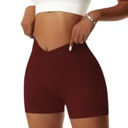 Produktbild: Vertvie Damen Gym Shorts V Cross Stretch Push Up Yoga Shorts Booty Scrunch Fitness Hosen Kurz High Waist Nahtlos Workout Sportshorts Butt Lift Kurze Leggings Sommer (Ziegelrot, S)