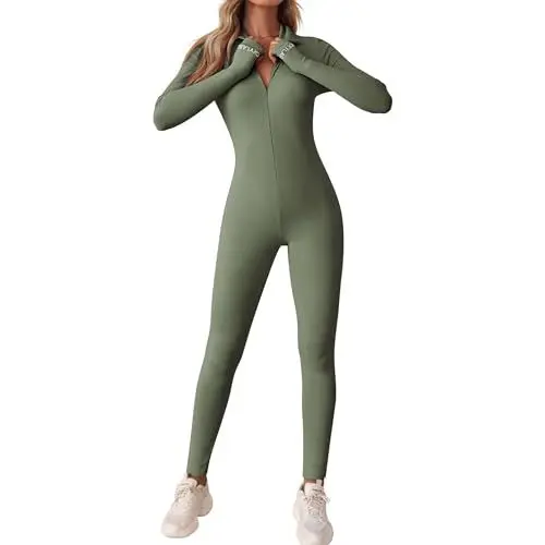 Produktbild: Vertvie Jumpsuit Damen Eng Reißverschluss Lang Yoga Overall Sport Bodysuit Langarm Einteiler Outfits Playsuit Bodycon Fitness Strampler Sportanzug Jogginganzug(Grün,S)