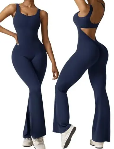 Produktbild: Vertvie Damen Jumpsuit Flared Eng Scrunch Butt Bodysuit Lang Yoga Ärmellos Overall Sport Rückenfrei Einteiler Bootcut Onepiece Ganzkörperanzug Sexy Playsuits Gym Workout Bodycon,Blau,S