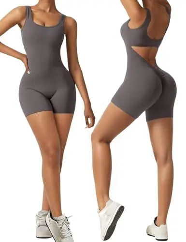 Produktbild: Vertvie Damen Jumpsuit Kurz Eng Scrunch Butt Bodysuit Sexy Rückenfrei Ärmellose Playsuit Stretch Sport Overall One Piece Ganzkörperanzug Romper Yoga Fitness Workout (Grau,S)