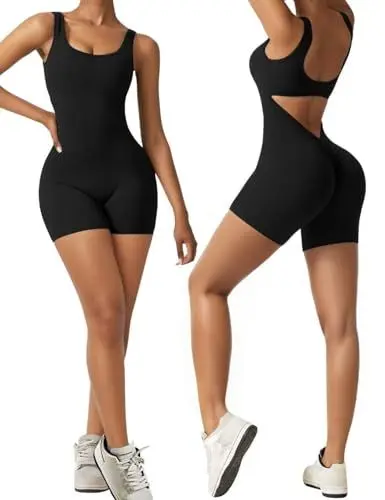 Produktbild: Vertvie Damen Jumpsuit Kurz Eng Scrunch Butt Bodysuit Sexy Rückenfrei Ärmellose Playsuit Stretch Sport Overall One Piece Ganzkörperanzug Romper Yoga Fitness Workout (Schwarz,M)