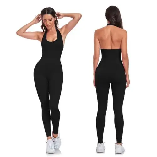 Produktbild: Vertvie Damen Jumpsuit Neckholder Ärmellose Lang Eng Bodysuit Sexy Rückenfrei Scrunch Butt Ganzkörperanzug Romper One Piece Gerippte Playsuit Yoga Workout Sport(Schwarz,S)