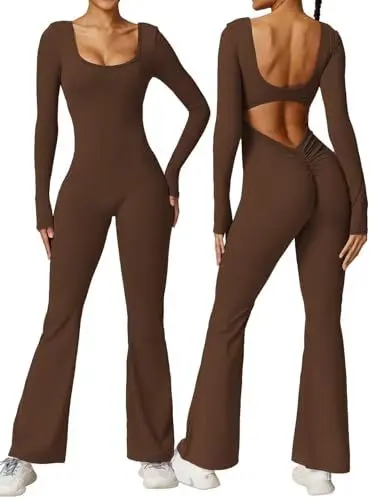Produktbild: Vertvie Damen Langarm Flared Jumpsuit V Back Scrunch Butt Bodysuit Sexy Backless Eng Yoga Sport Bodycon Romper Ganzkörperanzug(Kaffee,XS)
