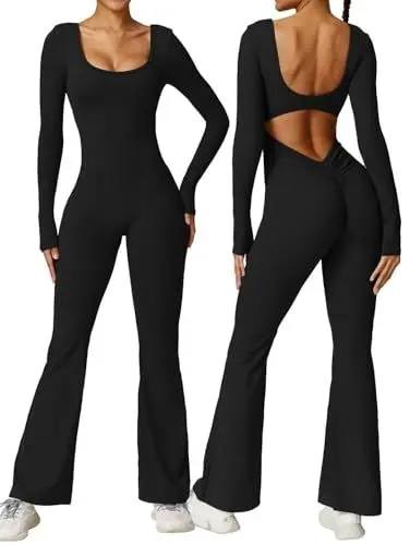 Produktbild: Vertvie Damen Langarm Flared Jumpsuit V Back Scrunch Butt Bodysuit Sexy Backless Eng Yoga Sport Bodycon Romper Ganzkörperanzug(Schwarz,XS)
