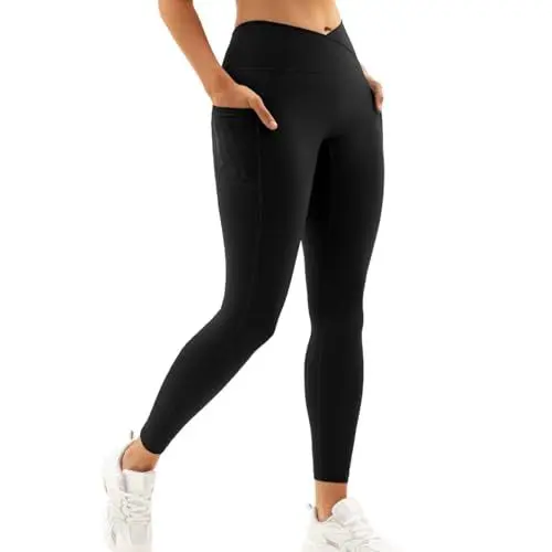 Produktbild: Vertvie Damen Leggings mit Taschen V Cross Sport Leggings Blickdicht High Waist Sportleggins Lang Sporthose V Bund Yogahose Fitness Gym Hose(1pc: Schwarz,L)