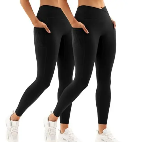 Produktbild: Vertvie Damen Leggings mit Taschen V Cross Sport Leggings Blickdicht High Waist Sportleggins Lang Sporthose V Bund Yogahose Fitness Gym Hose(2pc: Schwarz/Schwarz,L)