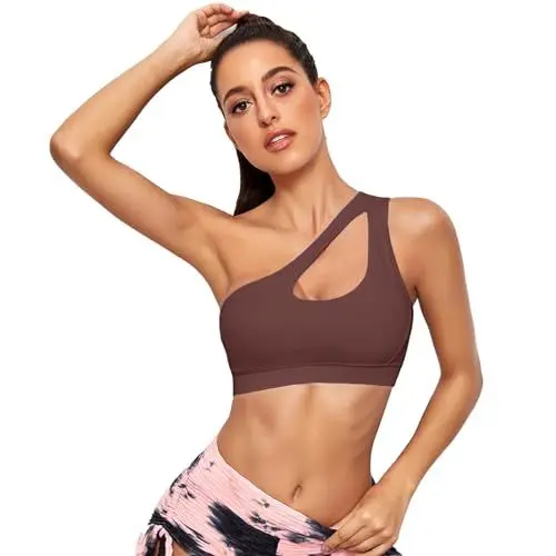 Produktbild: Vertvie Damen One Shoulder Sport BH Sexy Bügellos Workout Bra Gepolstert Tank BH Push Up Bequem Yoga Bralette Fitness Training Mittlere Unterstützung (Braun, M)