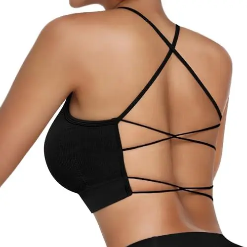 Produktbild: Vertvie Damen Sport BH Gepolstert Crossback Yoga Sports Bra Spaghettiträger Rücken Verkreuzt Gerippt Bustier Ohne Bügel Atmungsaktiv BH mit Abnehmbaren Cups(1pc: Schwarz,M)