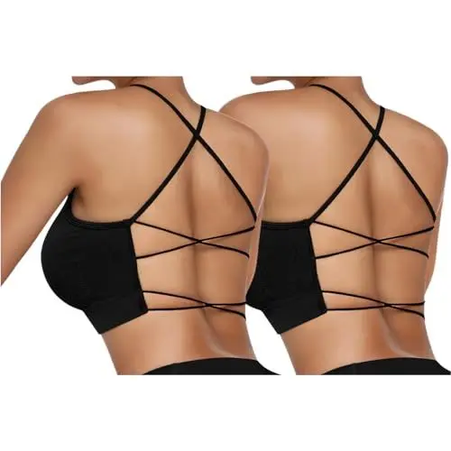 Produktbild: Vertvie Damen Sport BH Gepolstert Crossback Yoga Sports Bra Spaghettiträger Rücken Verkreuzt Gerippt Bustier Ohne Bügel Atmungsaktiv BH mit Abnehmbaren Cups(2pc: Schwarz + Schwarz,M)
