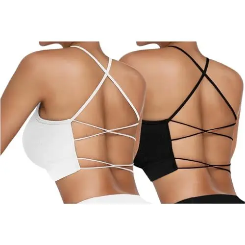 Produktbild: Vertvie Damen Sport BH Gepolstert Crossback Yoga Sports Bra Spaghettiträger Rücken Verkreuzt Gerippt Bustier Ohne Bügel Atmungsaktiv BH mit Abnehmbaren Cups(2pc: Schwarz + Weiß,L)