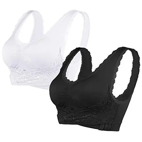 Produktbild: Vertvie Damen Sport BH Spitzen BH Frauen Bustier Lace Bra Dünn Front Closure Push Up Ohne Bügel Top für Yoga Fitness Training Stretch Wohlfühl-BH(B-Weiß+schwarz, L)