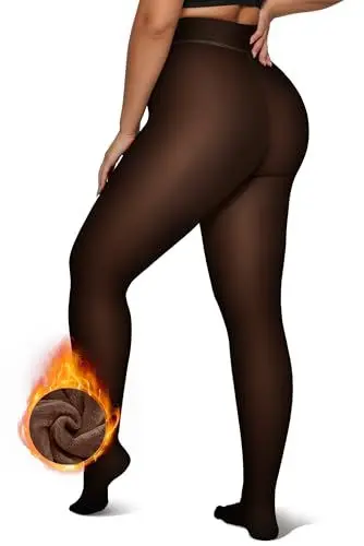 Produktbild: Vertvie Damen Thermo Strumpfhose Warm Dicke Fleece Winter Leggings Gefälschte Durchscheinend Slim Gefütterte Pantyhose Stretch High Waist Bauchweg Thermostrumpfhose (Schwarz Braun, 220g, S-M)