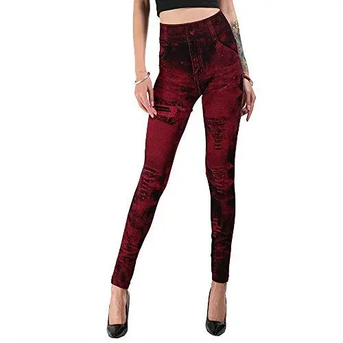 Produktbild: Vertvie Damen Treggings Jeggings Leggings Jeans Look Skinny Hose Hohe Taile Tights Druck Stretch Freizeithose(Tie-Dye Weinrot, XL)