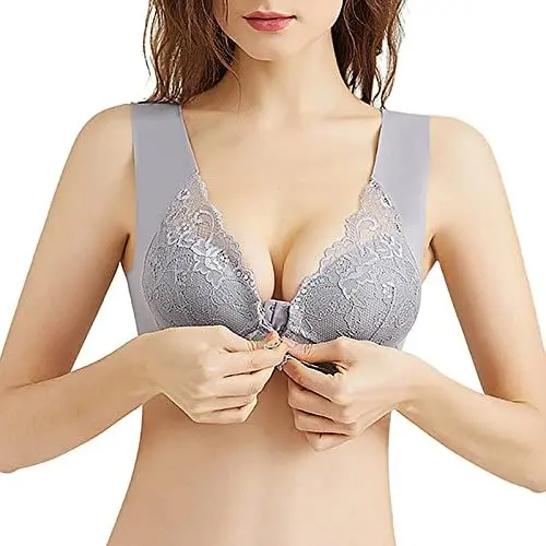 Produktbild: Vertvie Damen Übergröße Push Up BH Plus Size Große Größen Ohne Bügel Bustier Gepolstert Nahtlos Klassische Komfort Breite Träger Schlaf Spitze Bralette Seamless (Hellgrau, M)