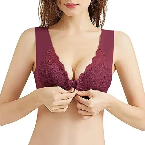 Produktbild: Vertvie Damen Übergröße BH Vorne Vollschalen Push Up Bra Plus Size Große Größen Ohne Bügel Bustier Gepolstert Nahtlos Klassische BH Komfort Breite Träger Schlaf BH Spitze Bralette Seamless(Weinrot,XXL