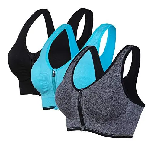 Produktbild: Vertvie Damen Zip Front Sport BH Vorderverschluss Push Up Ohne Bügel Bustier Running Bra Ringerrücken Strech Gepolstert Bralette für Fitness Yoga(Scwarz+grau+hellblau,M)